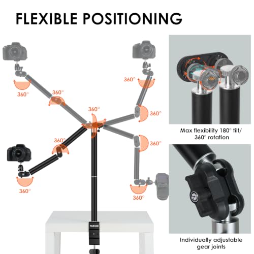 TARION Overhead Camera Desk Mount with Clamp Ballhead 3/8'' 1/4'' Screw | 6.6lbs Load Capacity, Flexible Gear Joints for Camera Light Projector, Overhead Shooting, Live Streaming TKA01-L