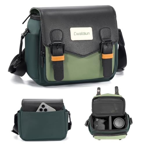Cwatcun Camera Bag, Waterproof Flap Camera Crossbody Shoulder Messenger Case with Tripod Holder, Travel Photography Bag for Canon, Nikon, Sony, Fuji DSLR/SLR/Mirrorless Camera, Lens - Green, S - color: Green, size: S