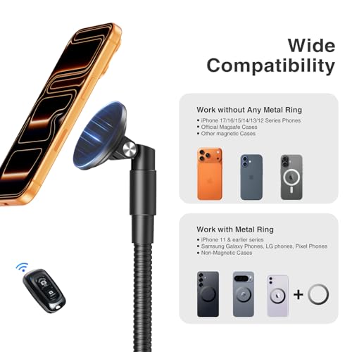 elitehood Magnetic Magsafe Phone Tripod Stand, Heavy Duty Aluminum Overhead Tripod for iPhone with 17” Flexible Gooseneck, Overhead Phone Stand for Video Recording, Filming, Painting and Crafting - style: Magnetic design
