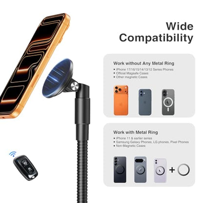 elitehood Magnetic Magsafe Phone Tripod Stand, Heavy Duty Aluminum Overhead Tripod for iPhone with 17” Flexible Gooseneck, Overhead Phone Stand for Video Recording, Filming, Painting and Crafting - style: Magnetic design
