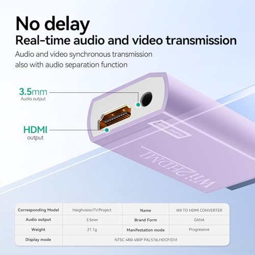 GANA Wii to HDMI Converter Adapter with Hdmi Cable Connect Wii Console to HDMI Display in 1080p Output Video with 3.5mm Audio Supports All Wii Display Modes Purple - color: wii to hdmi Purple