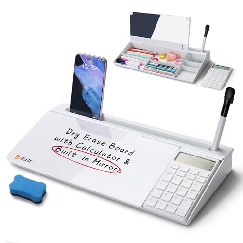 SELEAD Desktop Glass Whiteboard with Calculator & Built-in Mirror, Dry Erase White Board Computer Pad Keyboard Stand with Organizer Drawer, Desk Accessories for Home, School, Office - color: White-calculator+mirror