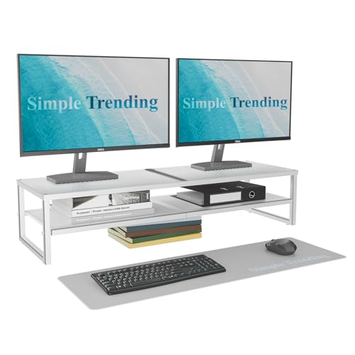 Simple Trending 2 Tier Metal Dual Monitor Stand Riser, Computer Office Desktop Organizer for 2 Monitors with 32"x10" Mouse Pad for Laptop, Printer, TV, White - color: White