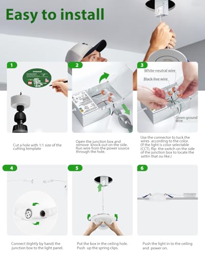 zouzai 6 Inch Gimbal LED Recessed Lights, White, 1 Pack, with Junction Box, 360°+ 90° Adjustable, 5CCT 2700K-5000K, Dimmable, Canless Eyeball Downlight, CRI90+, 1700LM 15W 120V, ETL - color: White-6 inch, size: 1 Pack