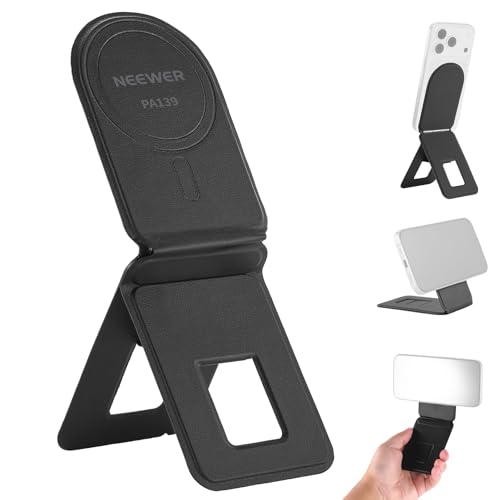 NEEWER Magnetic Phone Desk Tripod Stand Selfie Stick, Multi Angle Foldable Lightweight Portable Leather Cell Phone Holder Compatible with MagSafe iPhone Samsung Android for Video Recording, PA139 - style: PA139