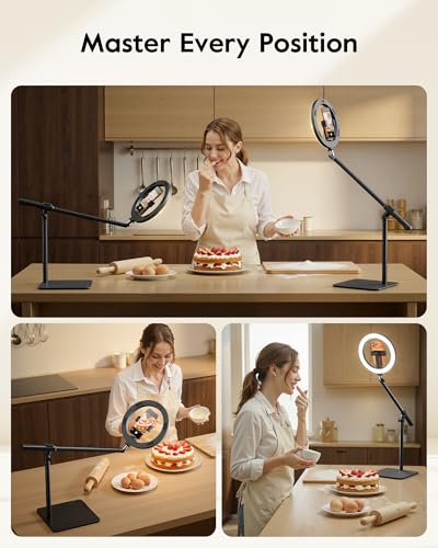 LUXSURE Ring Light with Stand for Desk,Adjustable Overhead Phone Mount with 10" Selfie Light Phone Tripod with Ring Light and Remote, Phone Stand with Light for Video Recording,Live Stream,Cooking