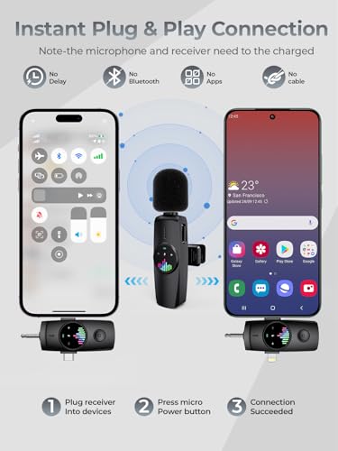 𝟕𝟎%𝐨𝐟𝐟 3-in-1 Wireless Lavalier Microphone: Mini Microphone 20H Battery, 80ft Range, DSP Noise Cancel - Plug & Play for iPhone Android, Live Streaming, Content Creators Programmes - color: Phantom Black