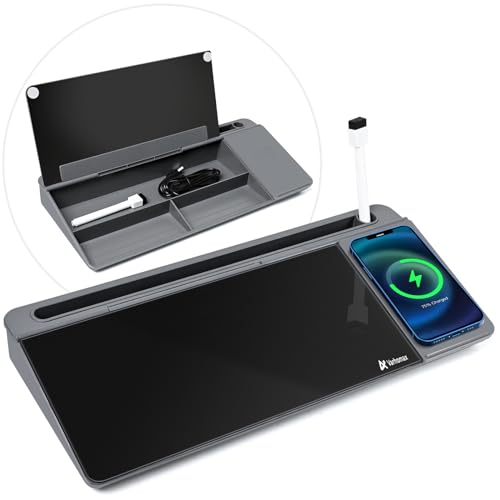 Varhomax Glass Desk Whiteboard with Wireless Charger, Desktop Organizer Dry Erase White Board with Storage, to Do List Memo Notepad for Home Office and School Supplies (Gray & Black) - color: Wireless Charger-gray & Black