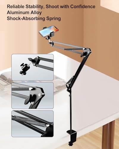 Overhead Phone Mount with Adjustable Arm and Desk Clamp, Camera Desk Mount Fit for DSLR iPhone Webcam Ring Light, Phone Holder Fit for YouTube TikTok Photography Video Recording