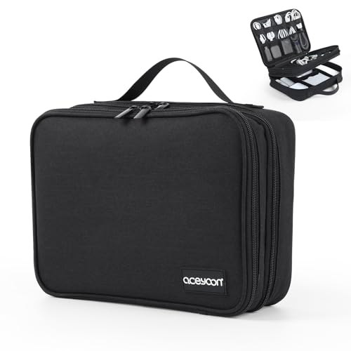 aceyoon Electronics Organizer Travel Case Waterproof Cable Organizer Bag for Electronic Accessories 3 Laye Travel Cord Organizer Case for Cord, Powerbank, Charger, Phone, Tablet (Up to 11 inch) Black