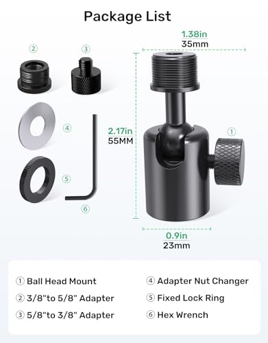 Ball and Socket Head Microphone Adapter with Angle Adjustment– 360° Pan & 90° Tilt, with 5/8" and 3/8" All-Metal Adapter, Camera, Lightweight & Secure Locking, Swivel Mic Stand Adapter