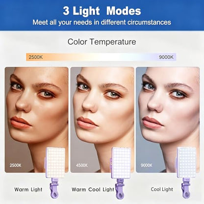 Selfie Light, Phone Light with Front & Back Clip, 60 LED Portable Light with 3 Modes, 5000mAh Rechargeable Video Light for Phone, iPhone, IPad, Laptop, TikTok, Makeup, Live Stream, Vlog(Purple) - color: Purple