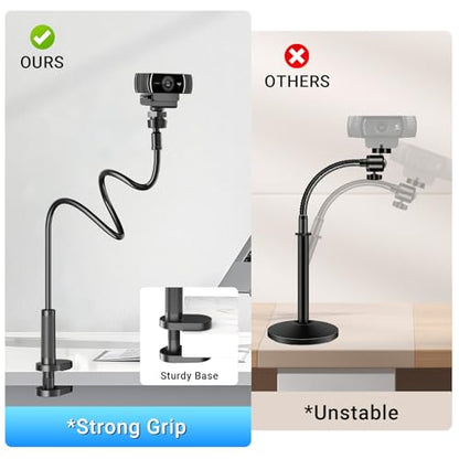 Flexible Webcam Stand Mount for Desk, Gooseneck Webcam Tripod with Clamp, Desktop Phone Holder & Table Top Tripod Compatible with Action Camera Gopro C922 C930e C920S C920 C615 C960 C920x Brio