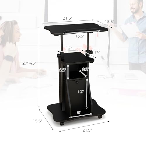 Giantex Mobile Podium Stand, Sit-to-Stand Laptop Cart with Tilting Tabletop & Storage Cabinet, Lockable Casters, Height-Adjustable Rolling Lectern for Classroom, Church, Home Office (Black, 1 Pack) - color: Black