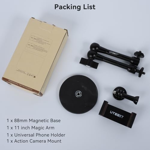 UTEBIT Magnetic Camera Mount, Action Camera Mount Adapter with Phone Holder | 88mm Strong Magnetic Base with 11 inch Magic Arm, Compatible with GoPro Hero 13/12, Insta 360, DJI OSMO Action 4/3, AKASO