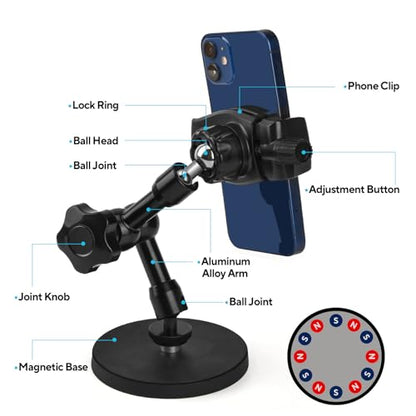 Magnetic Phone Holder for Gym, Heavy Duty 360° Adjustable Metal Arm | Super Strong N52 Magnet with Non-Slip Base for Power Rack, Universal Clip for all Smartphones, Home Workout Essentials