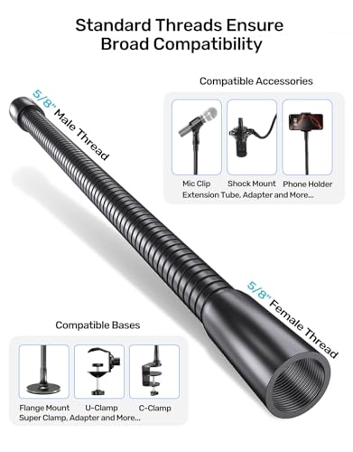 13-inch Microphone Gooseneck (5/8"-27 Thread) - 360° Adjustment, Heavy Duty &Flexible Metal Extension Arm with High Load-bearing Capacity for Podium, Drum Mic Stand, Lecture and DIY, Black - size: 13 Inch Gooseneck