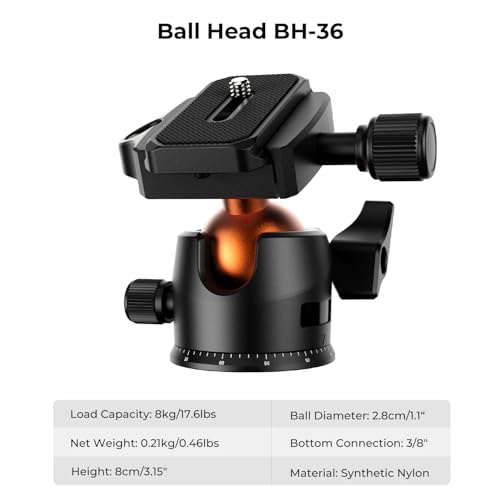 K&F CONCEPT 64 inch/163 cm Camera Tripod,Lightweight Travel Outdoor DSLR Tripods with 360 Degree Ball Head Load Capacity 17.6 lbs/8 kg,Cellphone Clip for Smartphone Live Streaming Vlog O234A1+BH-36