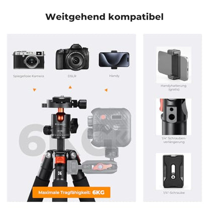 K&F CONCEPT Mini Desk Tripod, 21.6'' Compact Small Tripod with Ball Head Load up to 13.22 lbs/6 KG, 1/4 inch Quick Shoe Plate& Phone Holder for DSLR Camera Phone. - style: S225A0+BH-25L