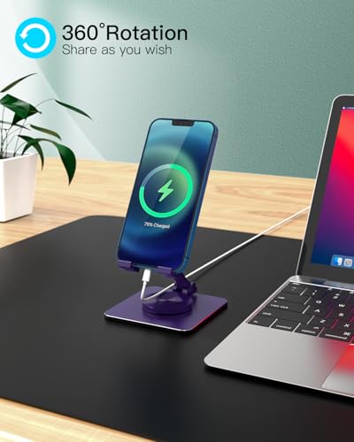 Adjustable Phone & Tablet Stand, Fits 4–9.7in Devices, Purple | 360° Viewing Flexibility • Reinforced Aluminum Build • Dual-Hinge Adjustment • Travel-Ready Storage - color: Purple