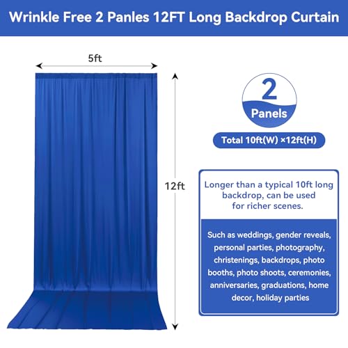 10ftx12ft Wrinkle Free Royal Blue Backdrop Curtain, 2 Panels 12FT Height Royal Blue Wedding Backdrop Drapes, Silky Polyester Back Drop Cloth for Birthday Photography Background Party - color: Royal blue, size: W5' x H12'(2 panels)