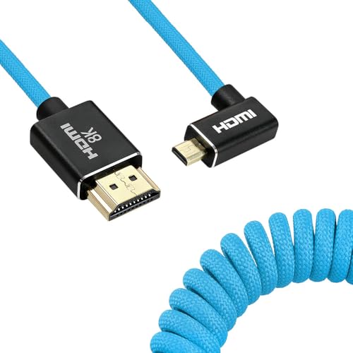 Uonecn Right-Angle Micro HDMI to HDMI Cable Coiled for Atomos Ninja-V, HDMI to Micro HDMI Spring Cord for Canon R5C R5 R6, Support 3D HDR 1080P HD eARC, Right Angle Blue 12-18" - color: Blue Braided, size: 12-18"(R-A)