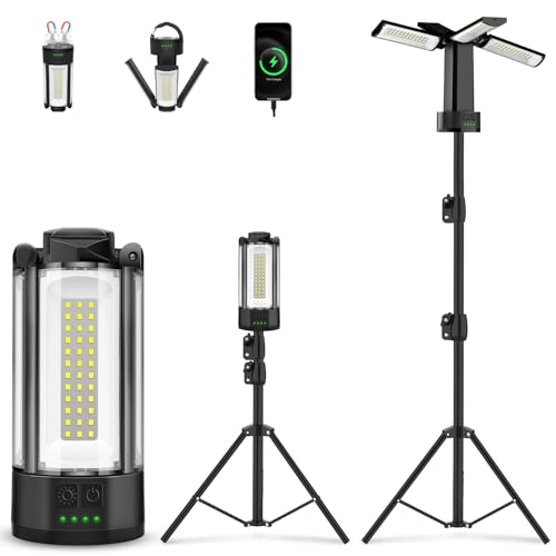 T-SUN Rechargeable Camping Light with Stand, 4 Adjustable Heads LED Work Light, 6000K Cool White Dimmable Portable Lantern for Outdoor Tent, Emergency Power Outage-Includes Detachable Tripod - color: Black