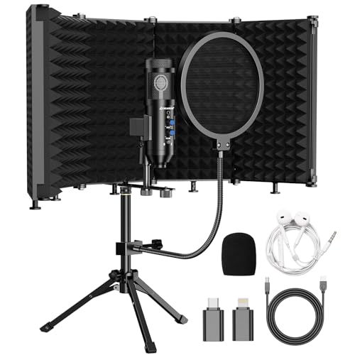 Upgraded Studio Recording Microphone with Isolation Shield & Pop Filter - Music Condenser Mic for Podcasting, Singing, Home Studio - Sound for PC, Laptop, Smartphone - color: Black