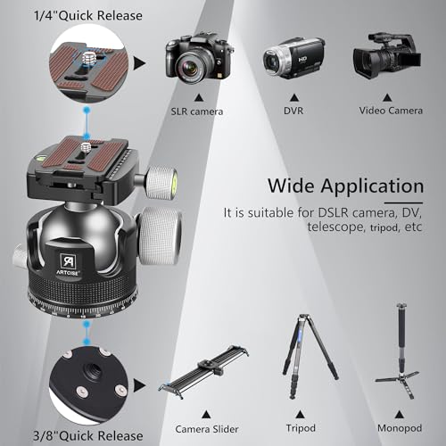 55mm Low Profile Ball Head Tripod Ball Head ARTCISE KB55 Heavy Duty Tripod Head All Metal CNC Machining with Three 1/4" Quick Release Plates for Tripod, Monopod, DSLR, Camcorder, Max Load 88lbs /40kg
