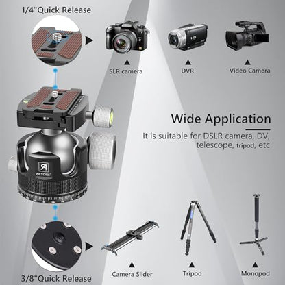 55mm Low Profile Ball Head Tripod Ball Head ARTCISE KB55 Heavy Duty Tripod Head All Metal CNC Machining with Three 1/4" Quick Release Plates for Tripod, Monopod, DSLR, Camcorder, Max Load 88lbs /40kg