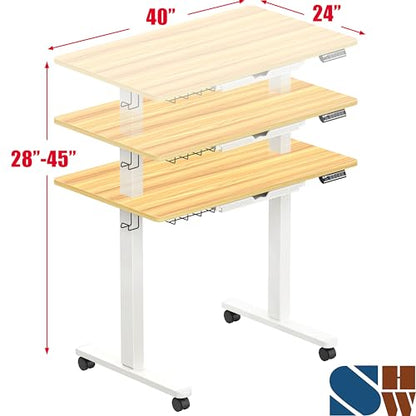 SHW 40-Inch Mobile Electric Height Adjustable Sit to Stand Desk with Drawer, Hanging Hooks and Cable Management, Oak - color: Oak