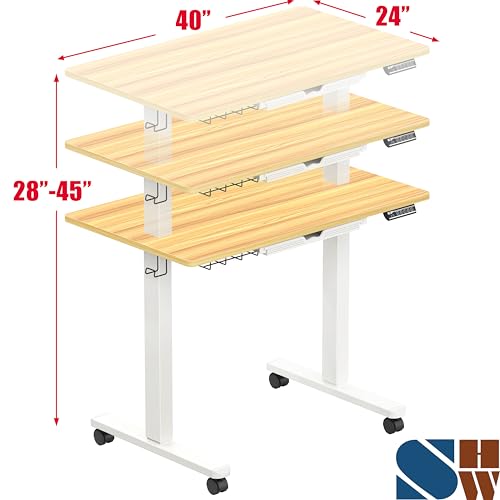 SHW 40-Inch Mobile Electric Height Adjustable Sit to Stand Desk with Drawer, Hanging Hooks and Cable Management, Oak - color: Oak