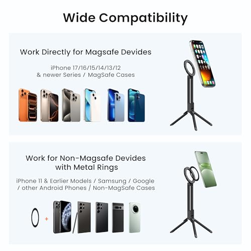 Itramax Magnetic Phone Tripod Stand,Foldable Pocket Cell Phone Mount,Adjustable Travel Gym Selfie Stick Mini Tripod Handle Desktop Stand for MagSafe iPhone 17 16 15 14 13 12 11& All Smartphones,Black - color: Black