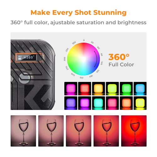 K&F CONCEPT 2000mAh RGB Video Light 21 Light Effects, 2500K-9900K, CRI 96+ | 360° Full Color Portable Light, Magnetic Rechargeable LED Panel Camera Light with 1/4" Screw Mount for Vlogging Selfie, Black - color: Black
