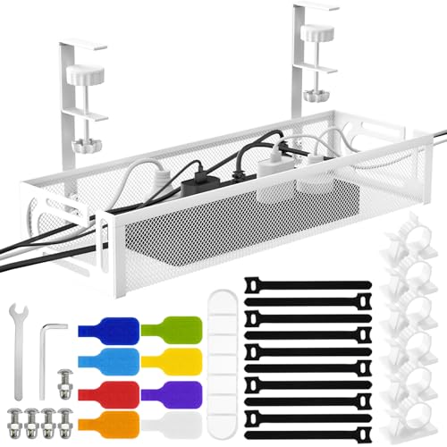 No Drill Under Desk Cable Management Tray, SONATURE 15.7" Cord Organizer for Table, Clamp Mount Desk Cable Management, Premium Carbon Steel Cable Organizer for Office, Home (White) - color: White, size: 15.7 inchs