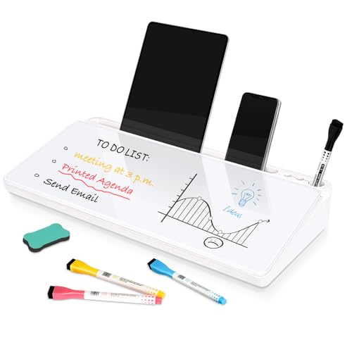 DOLLAR BOSS Glass Desk Whiteboard Small Dry Erase Board Desktop White Board with Storage Drawer Computer Keyboard Stand Desk Organizer Office Accessories Back to School Supplies with 4 Markers, White - color: White-white Box, size: 16''x7''