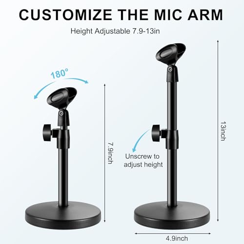 2 In 1 Desktop Microphone Stand, Upgraded Metal Round Base Adjustable Mic Stand with Micphone Clip, Cellphone Clip and 5/8" Male to 3/8" Female Screw for Table Desk Interviews, Black