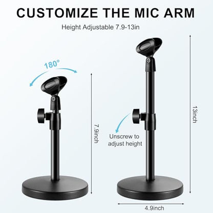 2 In 1 Desktop Microphone Stand, Upgraded Metal Round Base Adjustable Mic Stand with Micphone Clip, Cellphone Clip and 5/8" Male to 3/8" Female Screw for Table Desk Interviews, Black