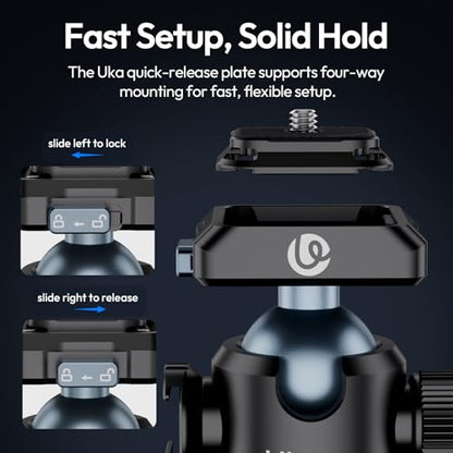 Ulanzi T100 Ball Head, Tripod Ball Head Mount 1/4 & 3/8 inch with Uka Quick Release Plate & Cold Shoe, 360° Rotating Panoramic Ball Head for DSLR Camera,Tripod,Monopod,Slider,Camcorder, 13lbs/6kg Load