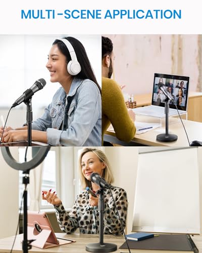 Desktop Microphone Stand, Moukey Upgraded Adjustable Table Mic Stand with Non-Slip Metal Base for Blue Yeti Snowball Spark, Other Microphone, height adjustment 9.84” to 14.17”-MMs-2