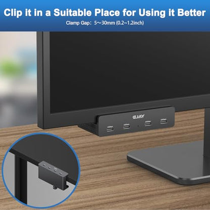 EJAY USB C Hub Clamp Mount, 4-Port 10Gbps USB 3.2 Hub Gen 2, Aluminum Clamp On USB Hub for Monitor & Desk, Dual Cable USB C Splitter Data Hub for Mac, PC, Desktop, Black