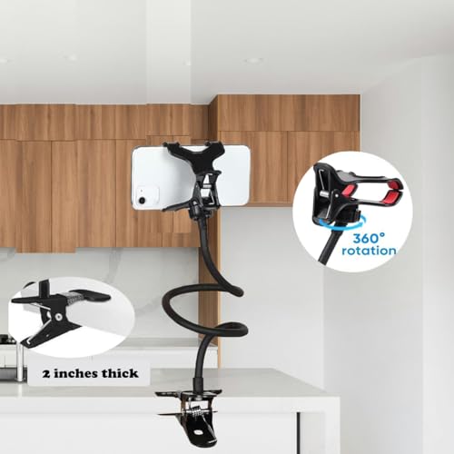 Selfdee Cell Phone Holder,Lazy Bracket, 360-degree Rotating Universal Flexible Long Arms Clip Mount Gooseneck Phones Stand for Bed Flexible Arm Adjustable Mount Clamp on Desk Bedframe (Black)