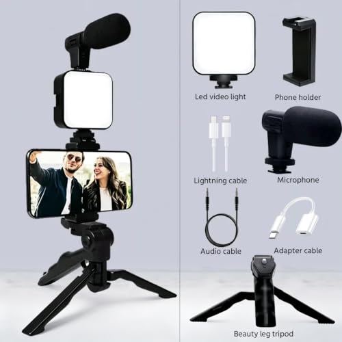 Vlogging Kit for iPhone, Android Vlogging Kit with Tripod, Mini LED Video Light, Cardioid Microphone, Phone Clip, for Video Calling, Vlogging, YouTube, Instagram, TikTok(Includes Lightning Adapter)