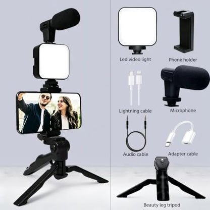 Vlogging Kit for iPhone, Android Vlogging Kit with Tripod, Mini LED Video Light, Cardioid Microphone, Phone Clip, for Video Calling, Vlogging, YouTube, Instagram, TikTok(Includes Lightning Adapter)