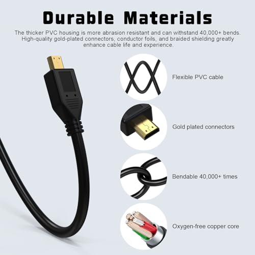 Micro HDMI to HDMI Cable Cord Compatible with Sony A7 III/A7R III, A6400, A6700, ZV-E10, ZV-E1, for Canon EOS M5, M6, R6/R7/R8/R10, R6 Mark II, for Panasonic Lumix ZS200 G85 FZ80 (5FT) - size: 5FT