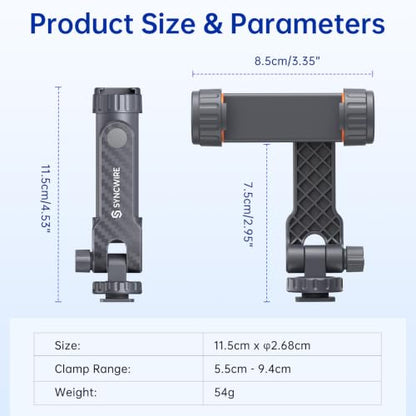 SYNCWIRE Tripod Phone Mount, Universal Smartphone Mount Adapter with 2 Cold Shoe and 1/4" Screw, 360° Rotates and 180° Tilts Adjustable Cell Phone Clamp Holder for Enhancing Mobile Photography Setup - color: Gunmetal Gray