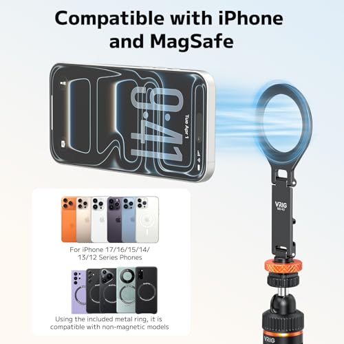 VRIG MG-40 Magnetic Phone Tripod Mount for Magsafe, Three Rotatable Axes Phone Holder with 1/4 Thread & Cold Shoe Adapter for Camera, Compatible with iPhone 17/16/ 15/14/ 13/12 Series - size: MG-40