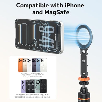 VRIG MG-40 Magnetic Phone Tripod Mount for Magsafe, Three Rotatable Axes Phone Holder with 1/4 Thread & Cold Shoe Adapter for Camera, Compatible with iPhone 17/16/ 15/14/ 13/12 Series - size: MG-40