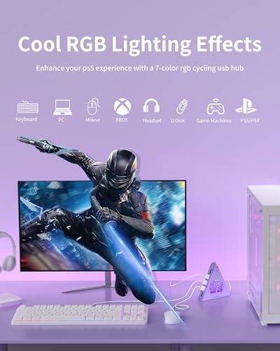 7-Port USB 3.0 Hub, Light Purple Vertical USB Splitter with Tree-Inspired RGB Lights, 5Gbps High-Speed Transfer, 2FT Cable, Compatible with MacBook, PC, Flash Drive, Console, Printer, Camera - color: 2-Tree Light Purple