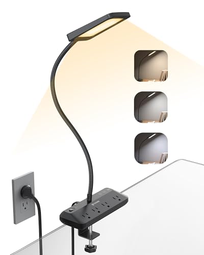 TROND LED Desk Lamp with Clamp Power Strip - Eye Caring Desk Light with 4 Surge Protector Outlet, 15 Lighting Mode, 6ft Flat Plug Extension Cord, Gooseneck for Home Office College Dorm Room Essentials - style: Type C Clip Lamp with Power Strip